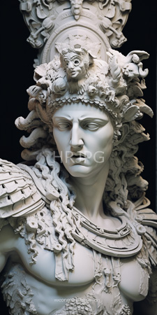 High Resolution: Intricately carved white marble statue classical androgynous figure curly hair lion-like creatures elaborate armor feathered textures chest plate download. | HRJPG.com