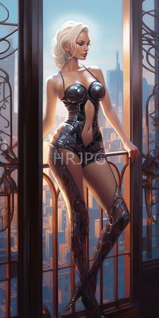 High Resolution: Attractive blonde woman wavy hair shiny black latex lingerie accentuates her curves reveals ample cleavage standing on balcony overlooking cityscape download. | HRJPG.com