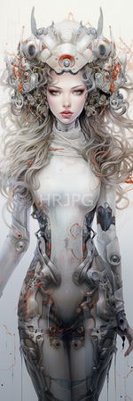 High Resolution: Ethereal cybernetic woman long wavy silver hair pale skin wearing intricate metallic armor orange accents headpiece horns antennae download. | HRJPG.com