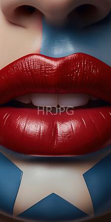 High Resolution: Close-up vibrant glossy red lips visible lip texture slight shine teeth partially exposed fair-toned skin blue-painted cheeks white star download. | HRJPG.com