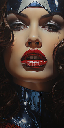 High Resolution: Hyper-realistic portrait attractive woman light brown skin full lips glossy red lipstick intense dark eyes thick eyeliner shiny black latex collar download. | HRJPG.com
