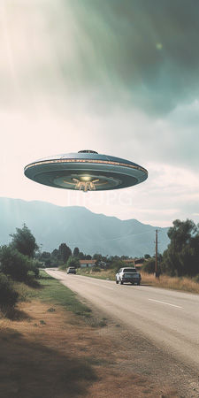 High Resolution: Alien UFO hovering above rural road two cars mountains in background cloudy sky grassy roadside dry trees line both sides download. | HRJPG.com