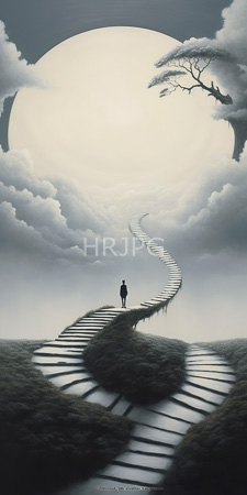 High Resolution: Ethereal landscape grassy hills winding stone steps leading massive glowing full moon cloudy sky lone silhouetted figure walks download. | HRJPG.com