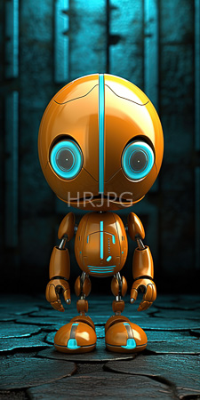 High Resolution: Adorable small orange robot large round eyes glowing blue accents standing on wooden planks dim lighting blurred metallic textures download. | HRJPG.com
