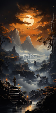 High Resolution: Ethereal misty landscape sunset mountains jagged rock formations glowing full moon orange-amber sky silhouetted figure stone steps download. | HRJPG.com
