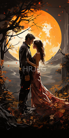 High Resolution: Intimate moment two people standing close large orange full moon autumn forest barren trees fallen leaves man black suit download. | HRJPG.com