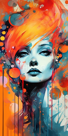High Resolution: Abstract digital portrait androgynous person pale blue skin striking black lips half-closed eyes vibrant orange hair colorful splashes download. | HRJPG.com