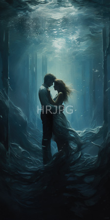High Resolution: Underwater forest scene two lovers embracing illuminated by soft light from above man dark pants white shirt wet-slicked hair download. | HRJPG.com