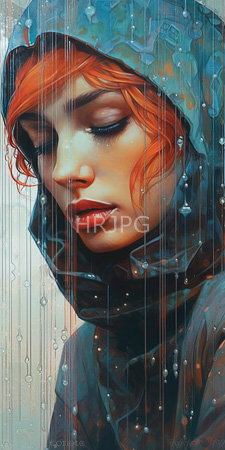 High Resolution: Ethereal fair-skinned woman closed eyes red hair peeking under translucent blue raincoat hood droplets resembling falling water light reflections download. | HRJPG.com