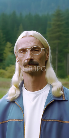 High Resolution: Older light-skinned man long platinum blonde hair thin mustache gold-rimmed glasses blue zip-up jacket white t-shirt blurred green forest download. | HRJPG.com