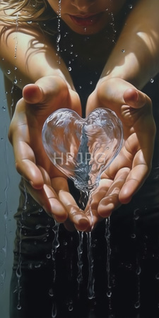High Resolution: Light-skinned hands forming heart shape holding clear water-filled glass droplets on fingers background suggest rain shower setting download. | HRJPG.com