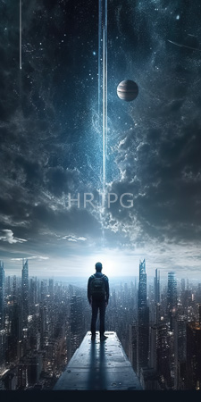 High Resolution: Astronaut standing futuristic rooftop gazing vast cityscape below starry night sky cosmic clouds distant planets tall skyscrapers download. | HRJPG.com