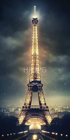 High Resolution: Paris's Eiffel Tower at night illuminated with warm yellow lights overcast sky filled with stars and clouds cityscape visible download. | HRJPG.com