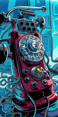 High Resolution: Anthropomorphic vintage red rotary telephone metallic accents coiled cord dynamic motion blue-toned background abstract geometric shapes download. | HRJPG.com