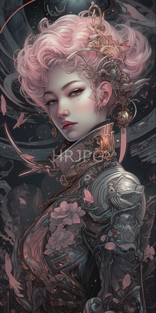 High Resolution: Ethereal pale-skinned woman curly pink hair intricate steampunk armor floral details serene slightly melancholic dark swirling background download. | HRJPG.com