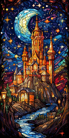 High Resolution: Vibrant detailed stained glass-style illuminated medieval castle multiple towers spires rocky terrain flowing river starry night sky download. | HRJPG.com