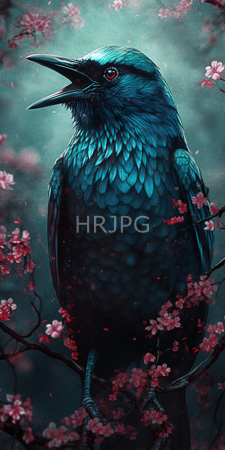 High Resolution: Iridescent blue-black crow detailed feather texture perched on cherry blossom branches misty teal background beak open singing download. | HRJPG.com