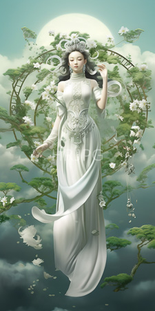 High Resolution: Ethereal Asian woman pale skin long flowing black hair intricate silver headgear floating misty background green pine trees download. | HRJPG.com