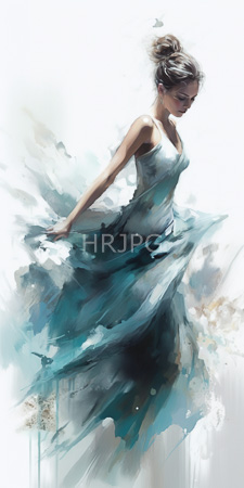 High Resolution: Ethereal woman light brown skin blonde hair messy bun flowing white tank top blue-green dress watercolor splashes minimalistic download. | HRJPG.com