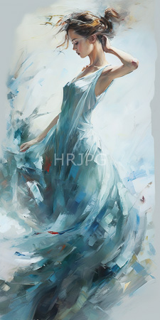 High Resolution: Ethereal slender woman light skin brown hair loose bun flowing blue dress blends into abstract brushstrokes pastel background hues download. | HRJPG.com