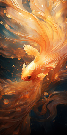 High Resolution: Ethereal golden-orange fish flowing fins tail resembling ribbons in water dark blue-green background floating bubbles luminous effects download. | HRJPG.com