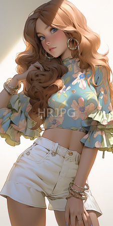 High Resolution: Anime-style young woman long wavy brown hair blue eyes large hoop earrings gold bracelets white high-waisted shorts crop top download. | HRJPG.com