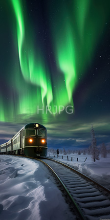 High Resolution: Old green train illuminated headlights traveling snow-covered tracks at night vibrant green Northern Lights starry sky silhouetted figures download. | HRJPG.com
