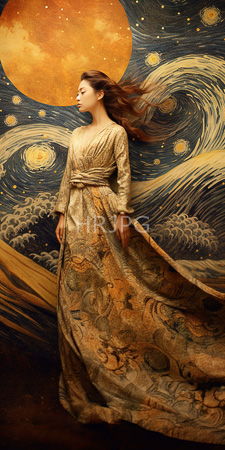 High Resolution: Asian woman long brown hair flowing beige gold patterned kimono swirling wave patterns large orange moonlit sky stars download. | HRJPG.com