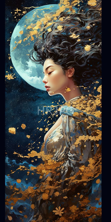 High Resolution: Ethereal woman closed eyes dark wavy hair flowing gracefully night sky backdrop large full moon translucent white garment download. | HRJPG.com