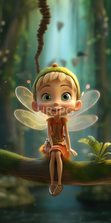 High Resolution: Adorable chibi-style fairy large green eyes blonde hair sitting on moss-covered branch lush forest background translucent wings orange tulle attire download. | HRJPG.com