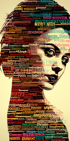 High Resolution: Abstract stylized female face composed entirely from colorful text words various fonts sizes filling her silhouette beige background download. | HRJPG.com