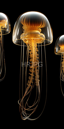 High Resolution: Three translucent golden-orange jellyfish dome-shaped bell long trailing tentacles entirely black background delicate textures high-contrast underwater shot download. | HRJPG.com