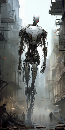 High Resolution: Intricately detailed humanoid robot exposed wiring mechanical components standing in foggy urban alleyway dilapidated buildings futuristic figure white armor download. | HRJPG.com