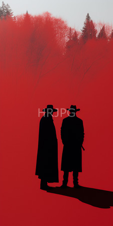 High Resolution: Two black silhouetted figures one long coat wide-brimmed hat standing beside another similar attire red hillside background sparse trees download. | HRJPG.com