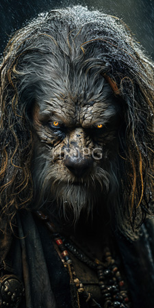 High Resolution: Intense weathered man long gray hair beard covered in mud glowing orange eyes dark skin tones raindrops layered rustic clothing download. | HRJPG.com