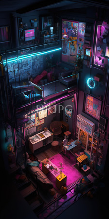 High Resolution: Atmospheric futuristic neon-lit apartment two levels vibrant pink purple lighting hardwood floors modern furniture gaming consoles large download. | HRJPG.com