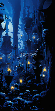 High Resolution: Eerie blue-lit cavern filled with numerous skulls skeletal remains scattered throughout lanterns warm yellow light ornate stone urns download. | HRJPG.com