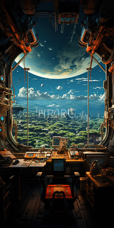 High Resolution: Intricately detailed futuristic control room metallic wooden textures overlooking Earth from space through large circular windows starry night sky download. | HRJPG.com