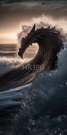 High Resolution: Enormous dark-scaled dragon emerging from crashing ocean waves at sunset dragon's head raised sharp teeth visible textured scales spines download. | HRJPG.com