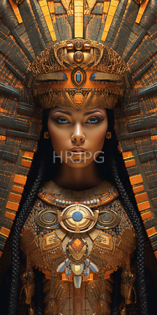High Resolution: African woman dark brown skin striking blue eyes full lips elaborate ancient Egyptian-inspired headdress gold patterns orange accents download. | HRJPG.com