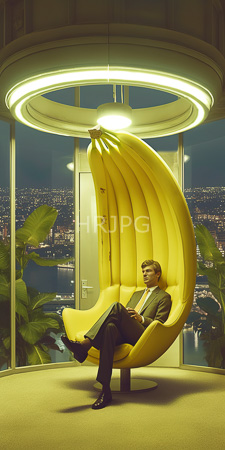 High Resolution: Asian man short brown hair wearing glasses dark suit pants black shoes sitting relaxed yellow banana-shaped chair modern glass-walled room download. | HRJPG.com
