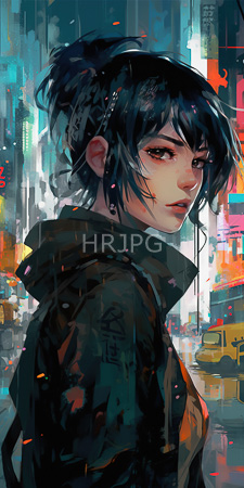 High Resolution: Androgynous young person short messy black hair high ponytail vibrant cityscape background neon lights abstract patterns dark hood download. | HRJPG.com