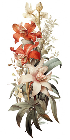 High Resolution: Intricate botanical illustration various flowers leaves soft pastel colors white background red lilies pink orchids creamy-white blossoms download. | HRJPG.com