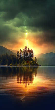 High Resolution: Island tall dark pine trees calm water reflecting silhouette vibrant orange sunset sky dramatic green lightning bolt strikes download. | HRJPG.com