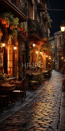 High Resolution: Enchanting narrow cobblestone street at night quaint European village warm yellow lanterns charming buildings lush greenery vibrant red flowers download. | HRJPG.com