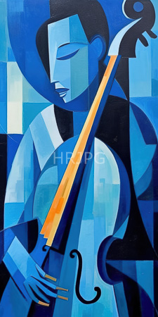 High Resolution: Abstract geometric-style painting musician playing violin bold blue black hues accents orange-yellow angular features closed eyes download. | HRJPG.com