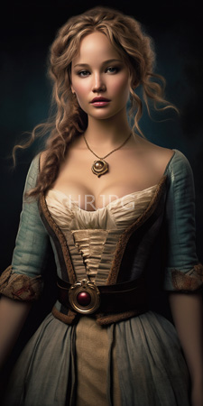 High Resolution: Attractive young woman fair skin wavy light brown hair medieval-style clothing green sleeves beige bodice ample cleavage gold necklace download. | HRJPG.com