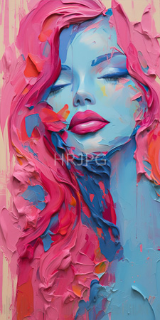 High Resolution: Abstract colorful portrait woman closed eyes pink lips blue skin tones face covered thick layers of paint textured canvas download. | HRJPG.com