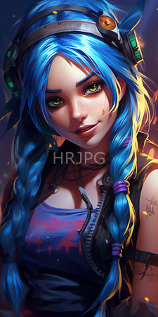 High Resolution: Anime-style young woman vibrant blue braided hair green eyes freckles on her cheeks black headphones headgear-like device sleeveless dark vest download. | HRJPG.com