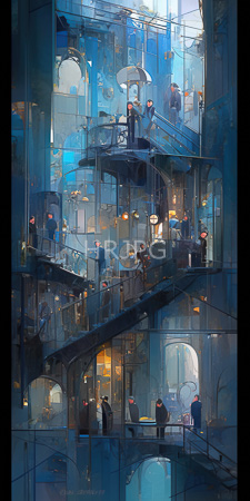 High Resolution: Intricate multi-level futuristic glass structure blue teal hues people dark coats navigate staircases transparent walls circular windows download. | HRJPG.com
